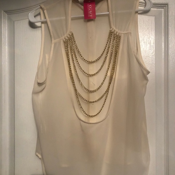 Beige button down blouse with gold chains - Picture 5 of 6